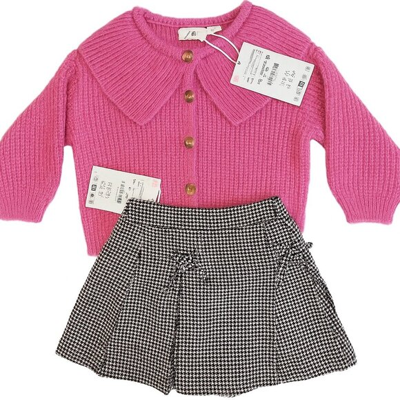 Zara Other - Zara Girls Outfit Pink Shimmer Cardigan & Houndstooth Skort Set Size 4 NWT